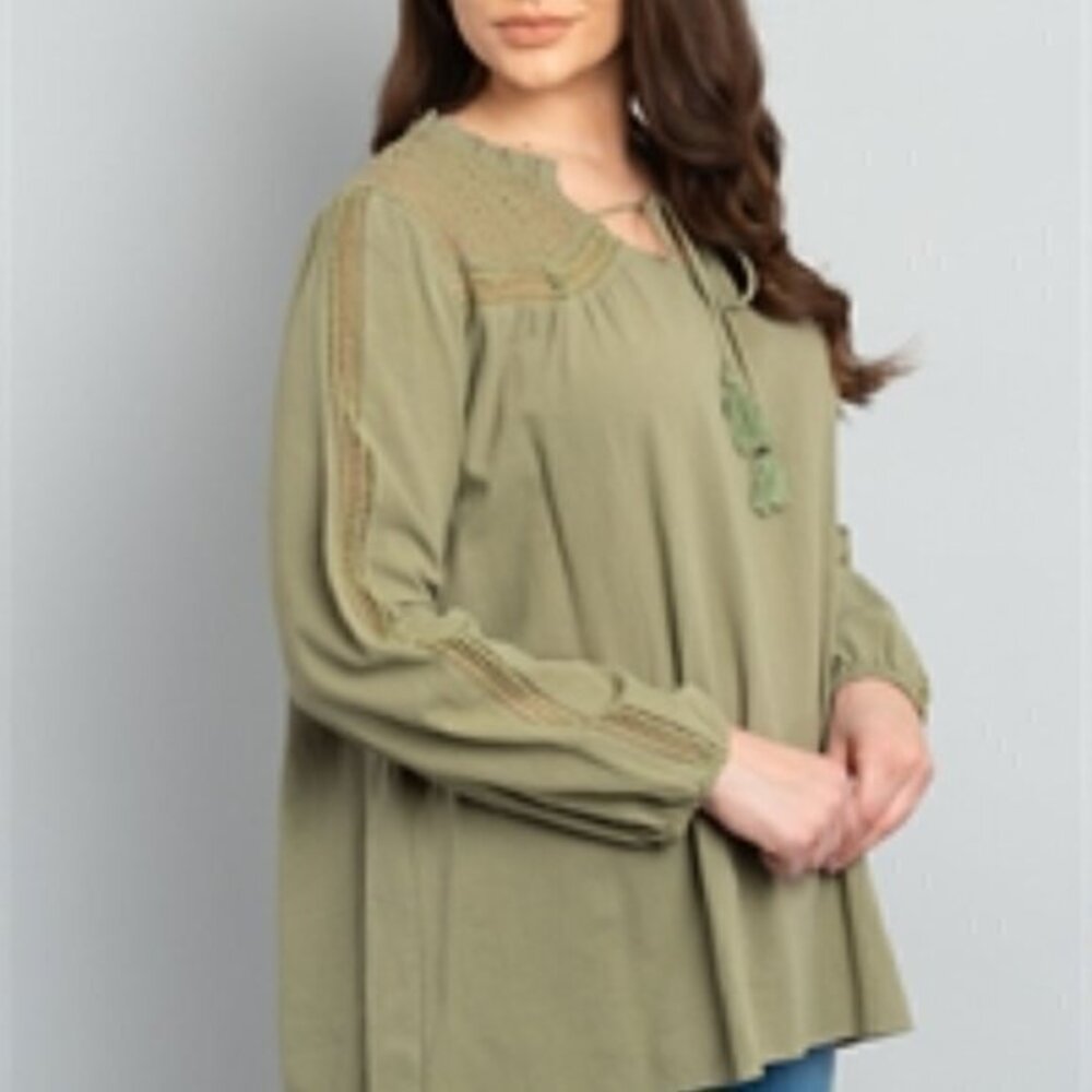 Long Sleeve Top with Lace Trimming Olive Green Size 1X